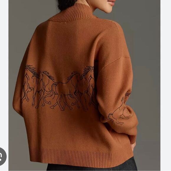 Anthropologie Montana Horses Mock-Neck Half-Zip Sweater Bronze S - Picture 9 of 9